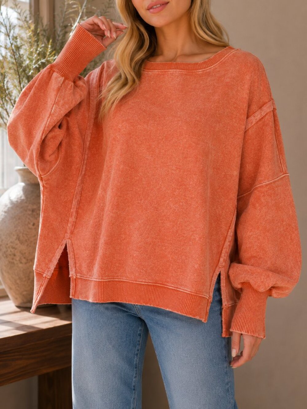 978. Women’s Burnt Orange Acid Wash Oversized Fleece Batwing Sweatshirt